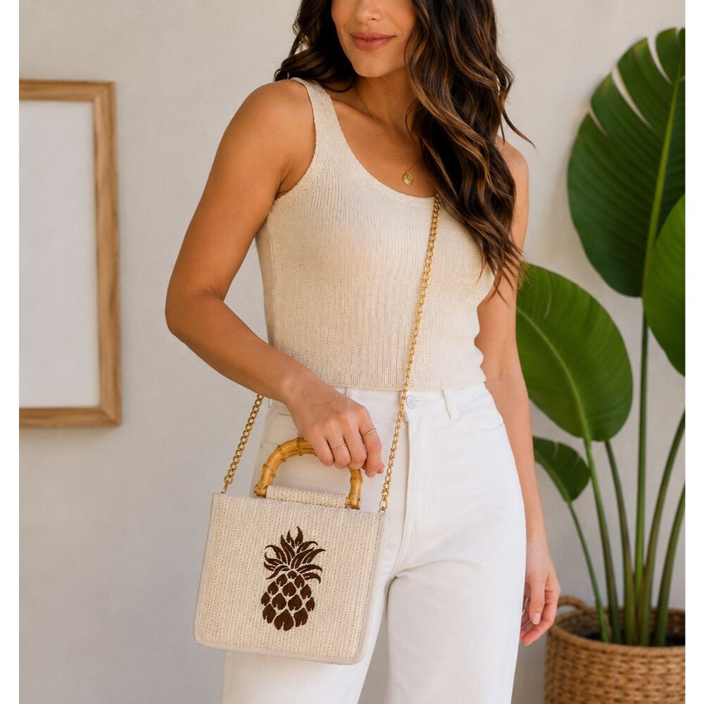 Tommy Bahama Pineapple Bamboo Handle Straw Tote Crossbody Bag Natural NWT